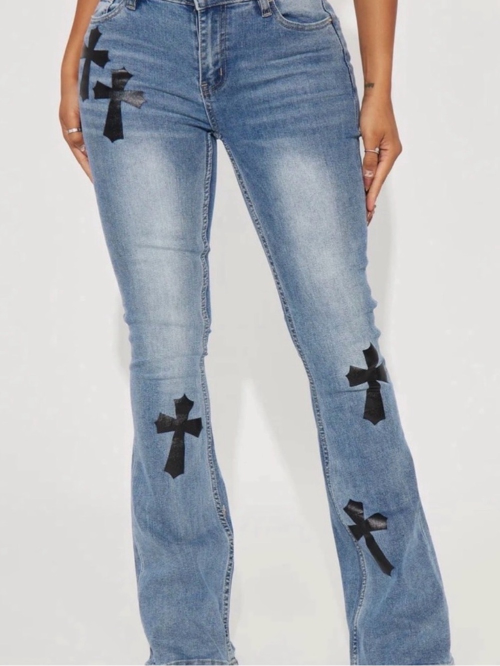 🔥NEW! Light Blue Women's Flared Jeans with Black Cross Appliqués